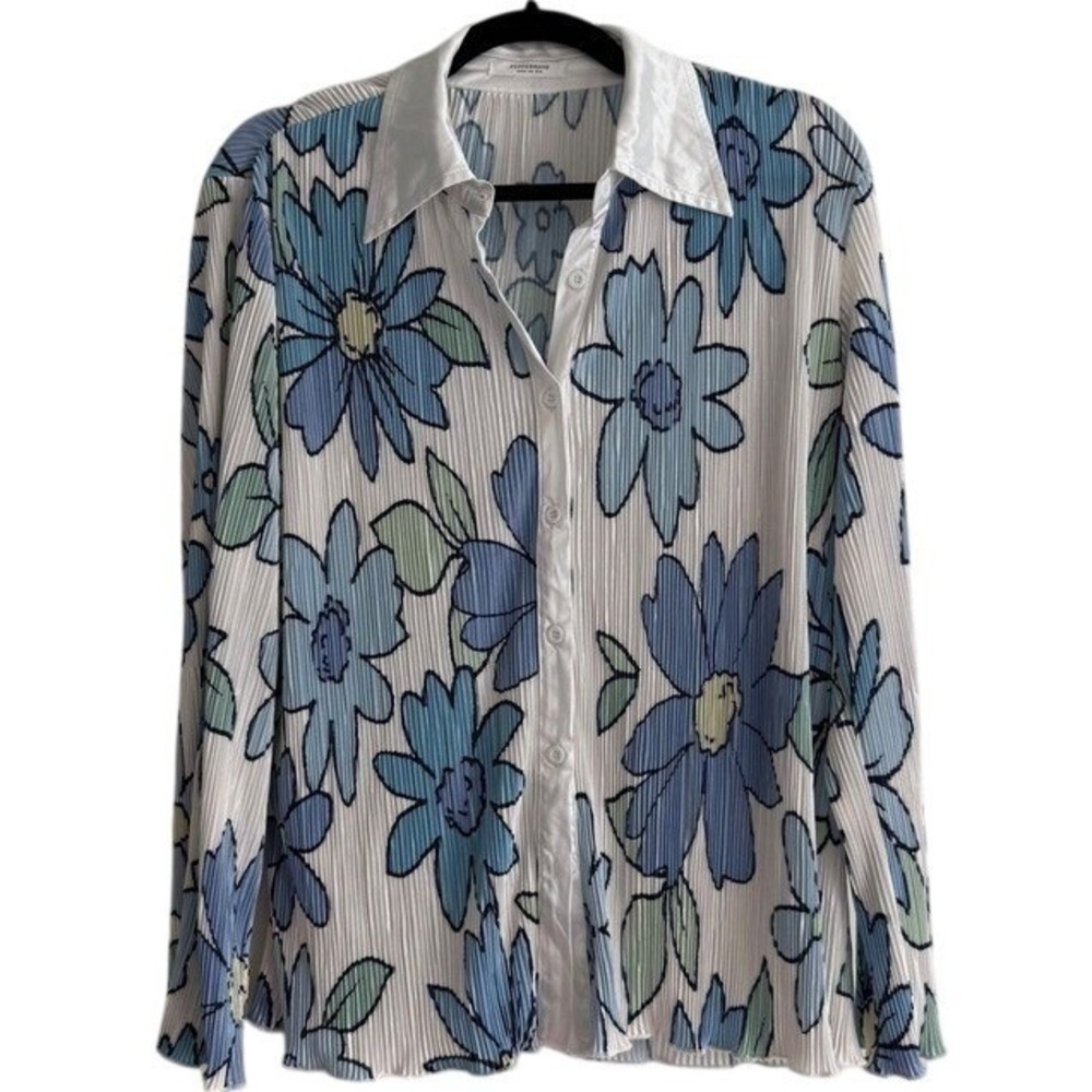 Peppermayo Blue Floral Plisse Button Down Shirt Size US 2 Long Sleeve Pleated